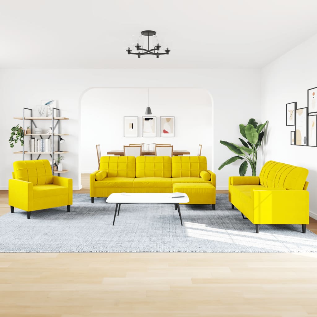 4 pcs conjunto de sofás com almofadões e rolos veludo amarelo