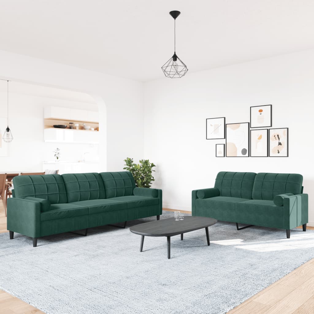 2 pcs conjunto sofás com almofadões e rolos veludo verde-escuro