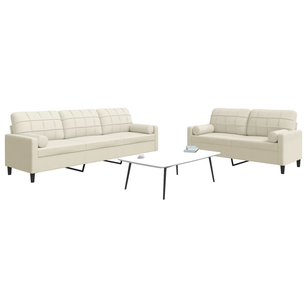 2 pcs conjunto de sofás com almofadões e rolos veludo creme