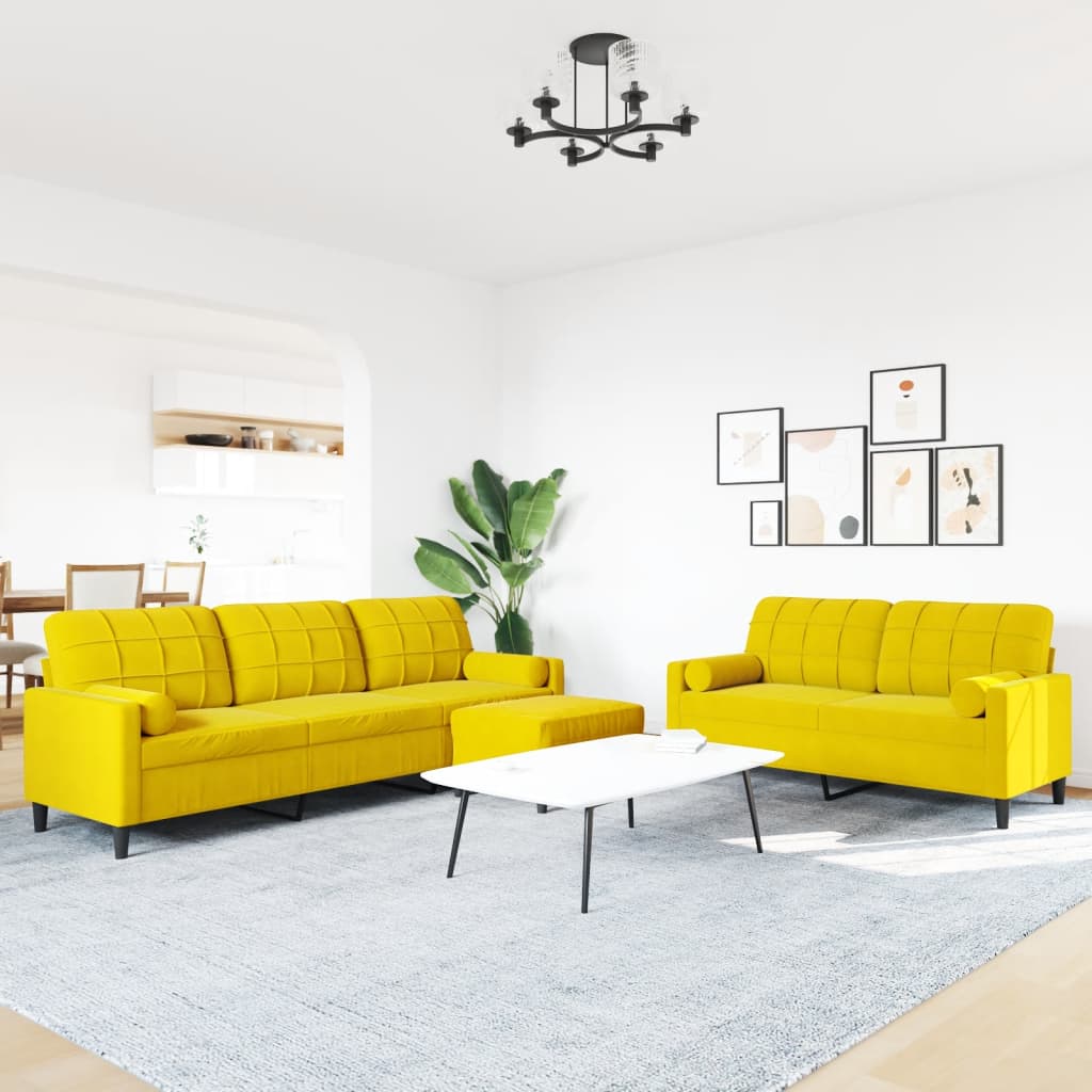 3 pcs conjunto de sofás com almofadões e rolos veludo amarelo