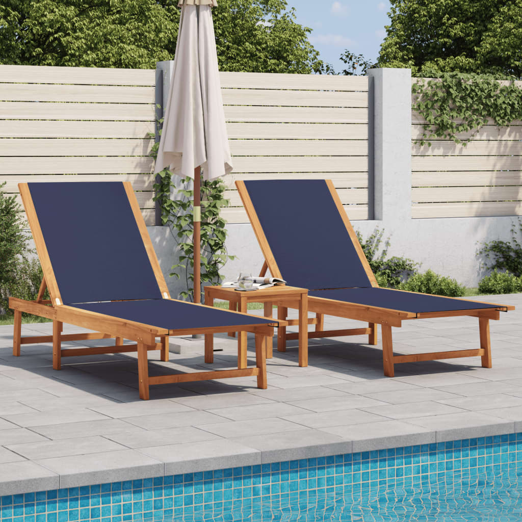 Sun loungers with table 2 pcs solid acacia/textilene blue