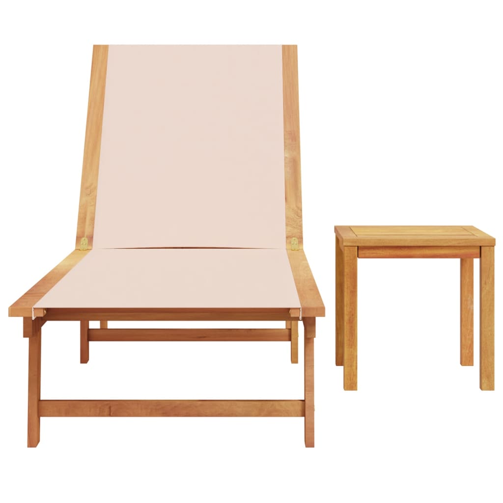 Sun lounger with solid acacia table and cream textilene