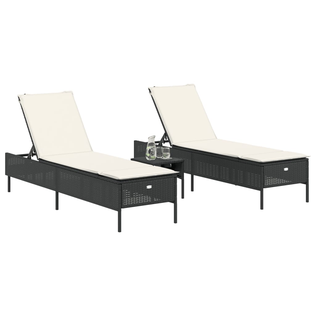3 pcs sun lounger set with cushions poly rattan black