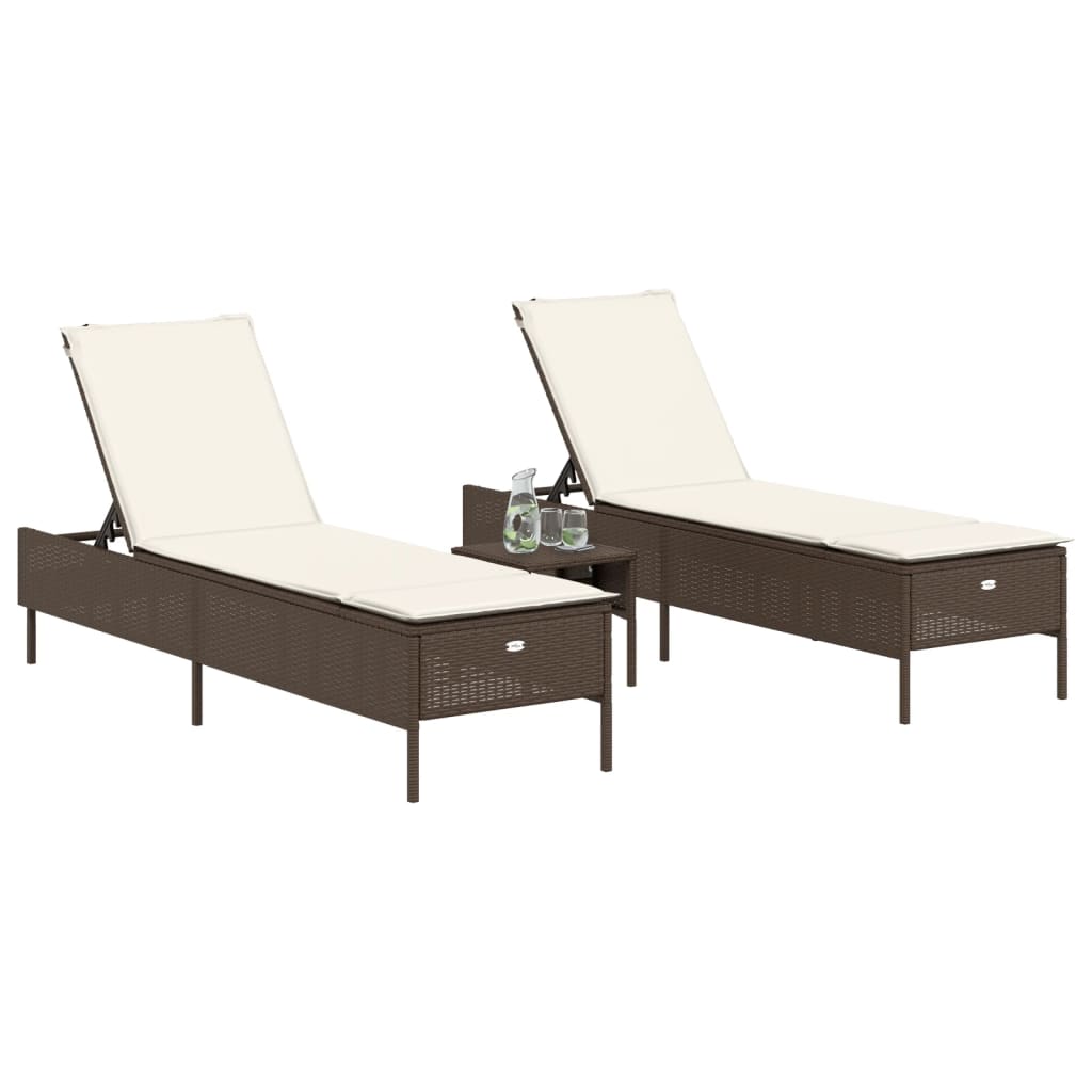3 pcs Sun lounger set with cushions, brown poly rattan