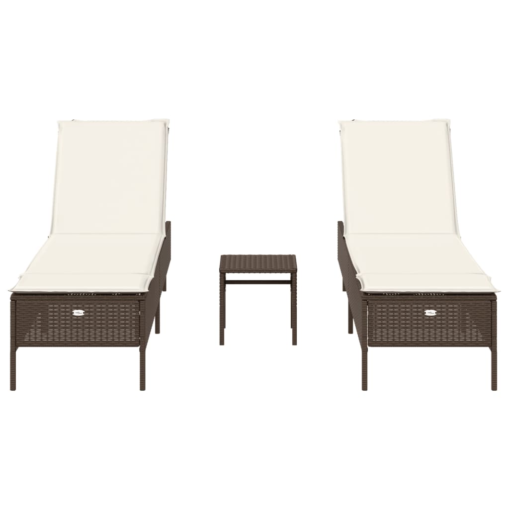 3 pcs Sun lounger set with cushions, brown poly rattan