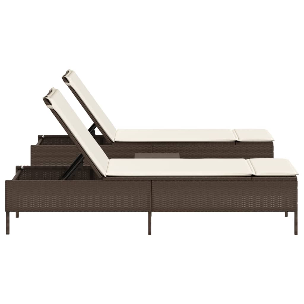 3 pcs Sun lounger set with cushions, brown poly rattan