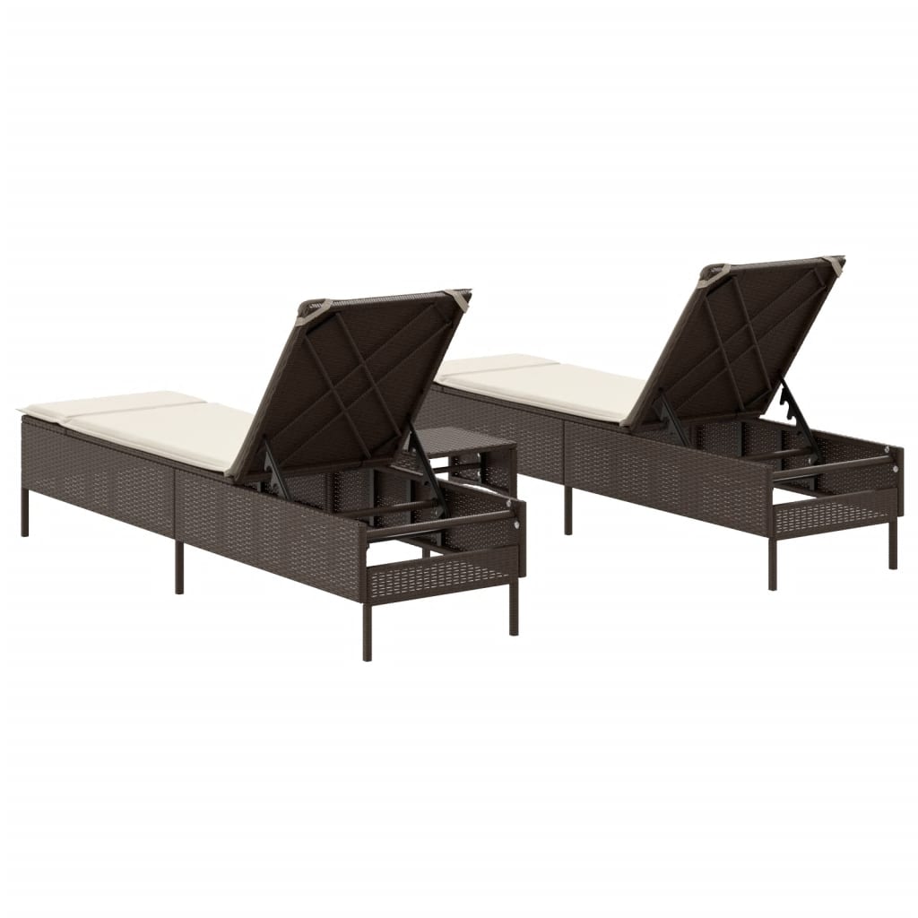 3 pcs Sun lounger set with cushions, brown poly rattan