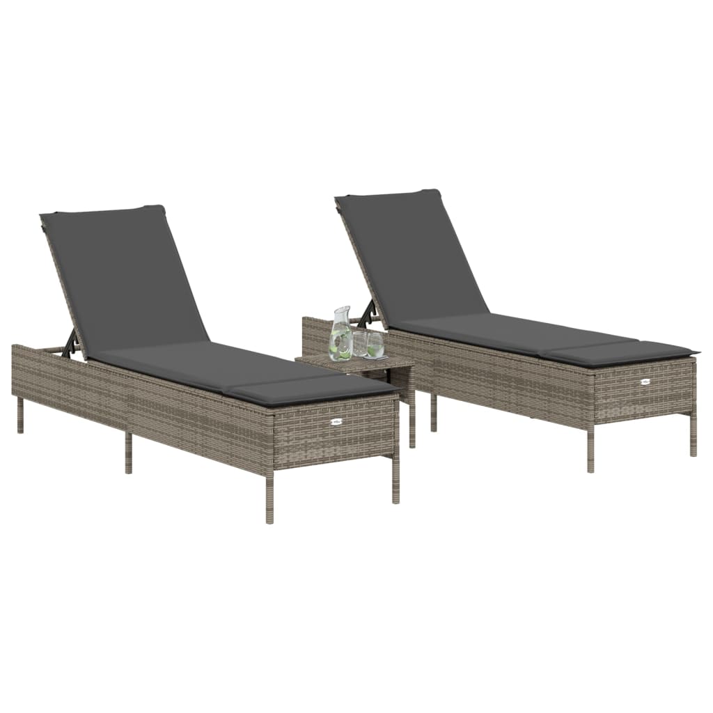 3 pcs sun lounger set with cushions poly rattan grey