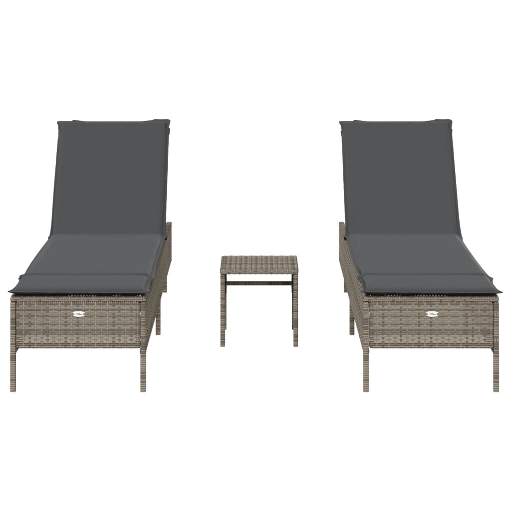 3 pcs sun lounger set with cushions poly rattan grey