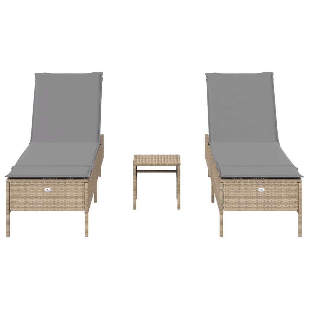 3 pcs sun lounger set with cushions PE rattan beige