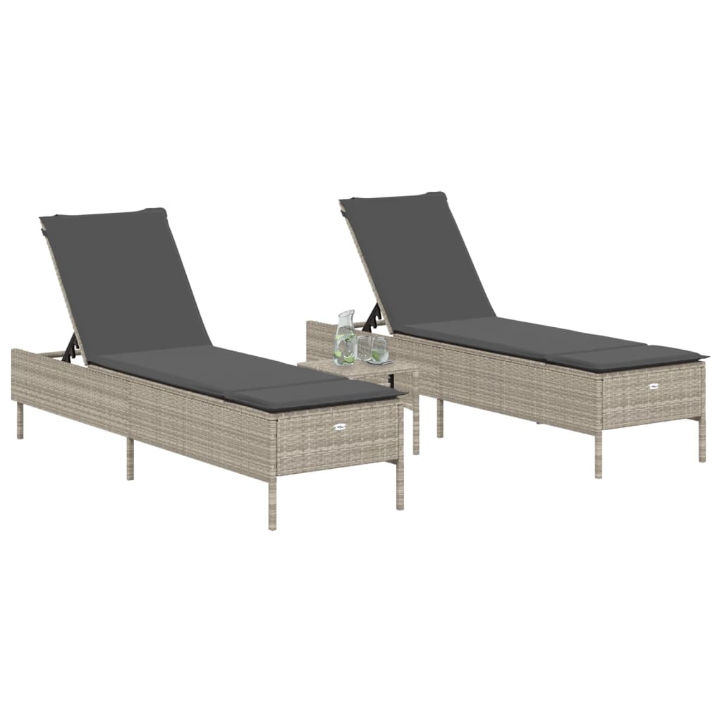3 pcs sun lounger set with cushions light grey poly rattan