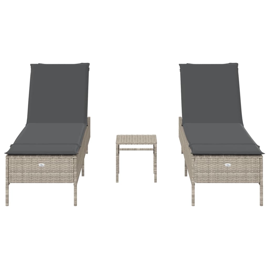 3 pcs sun lounger set with cushions light grey poly rattan