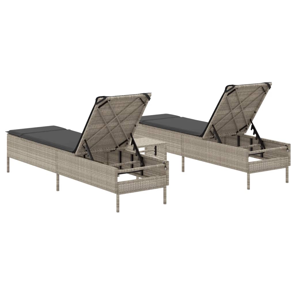3 pcs sun lounger set with cushions light grey poly rattan