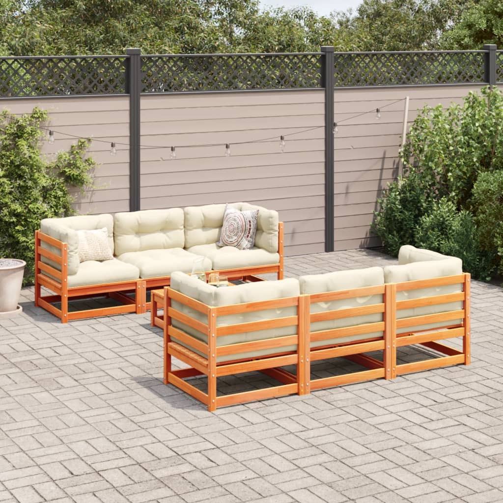 7 pcs conjunto sofás de jardim madeira de pinho castanho cera