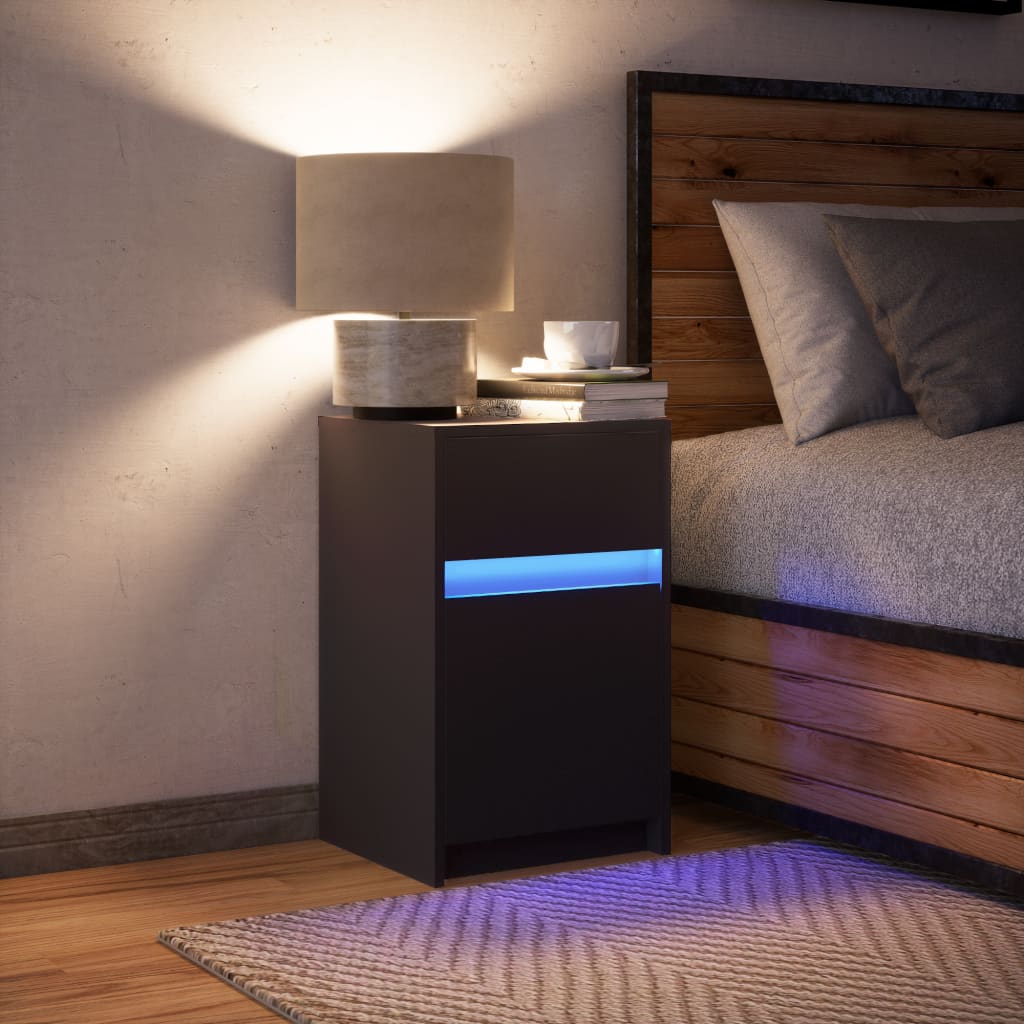 Mesa de cabeceira com luzes LED derivados de madeira preto