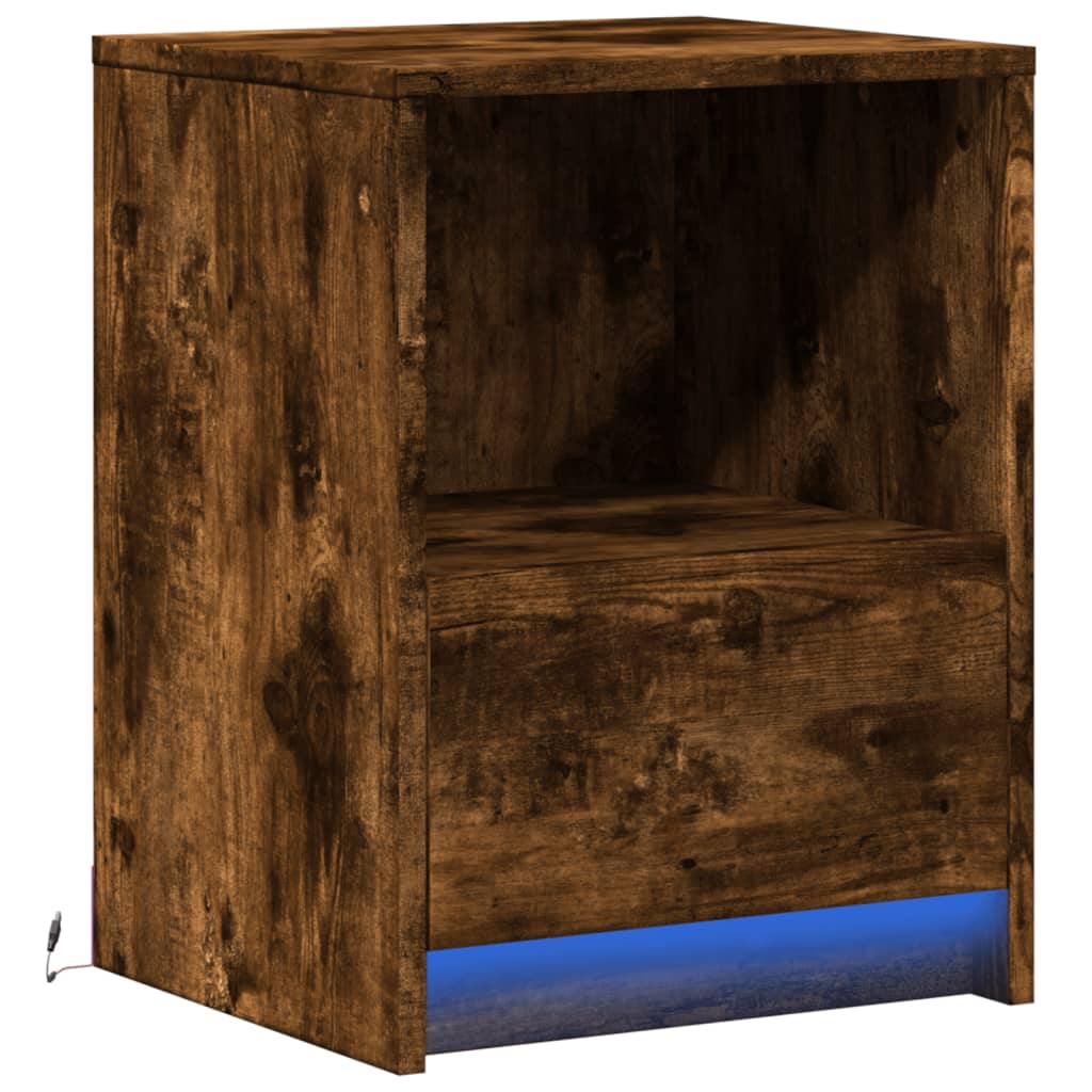 Bedside table with LED lights made from smoked oak wood