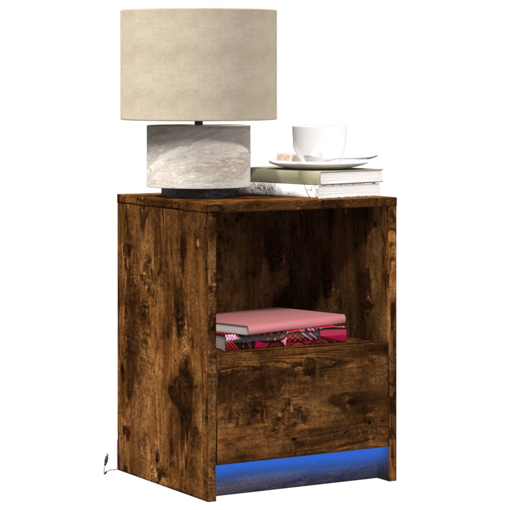 Bedside table with LED lights made from smoked oak wood