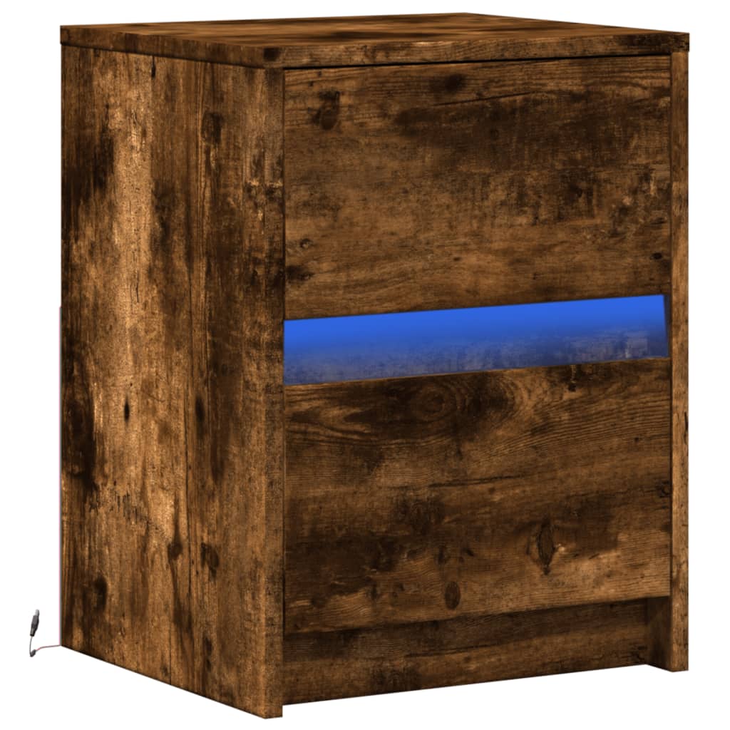 Mesa cabeceira c/ luzes LED derivados madeira carvalho fumado
