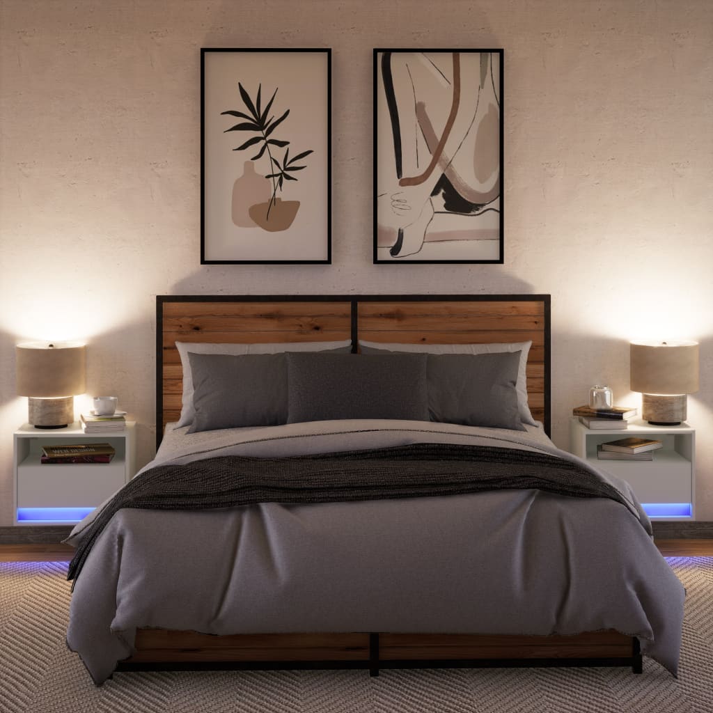 Mesas de cabeceira de parede com luzes LED 2 pcs branco