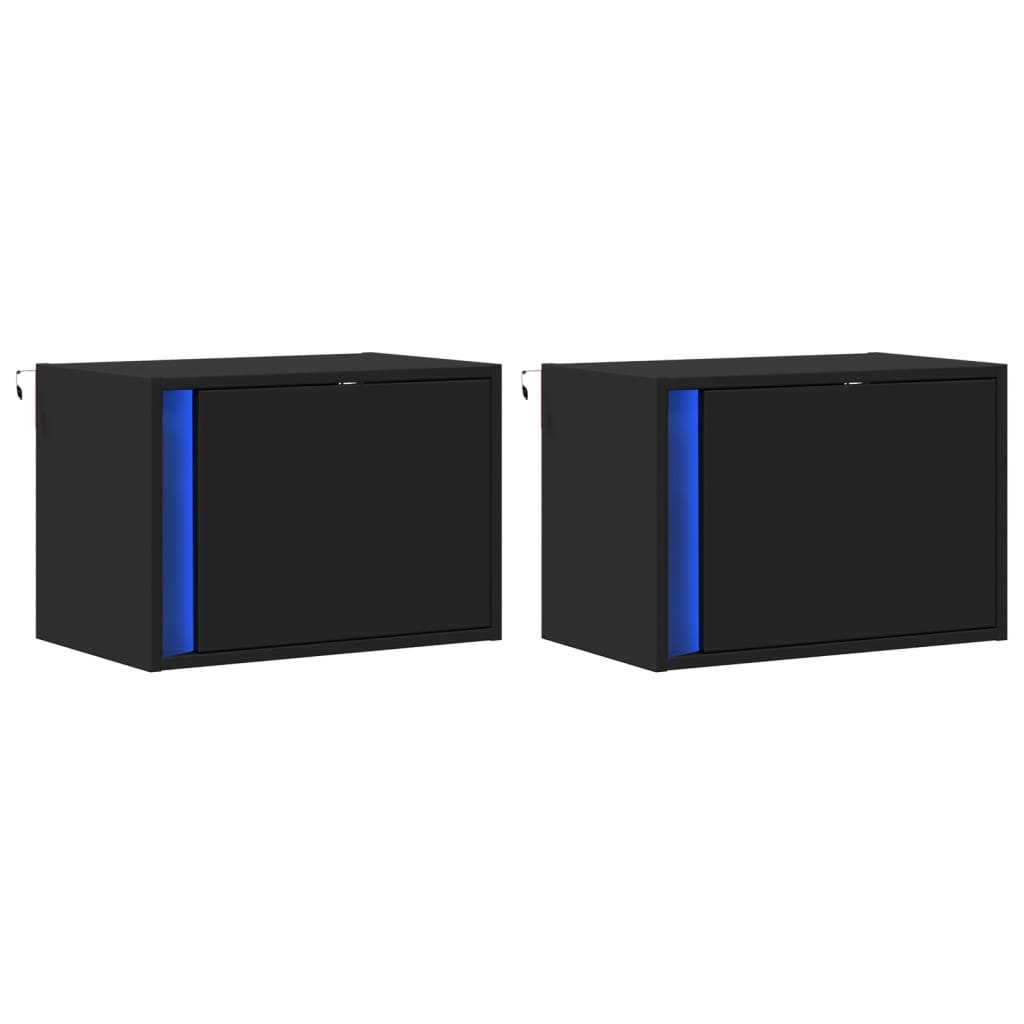 Mesas de cabeceira de parede com luzes LED 2 pcs preto