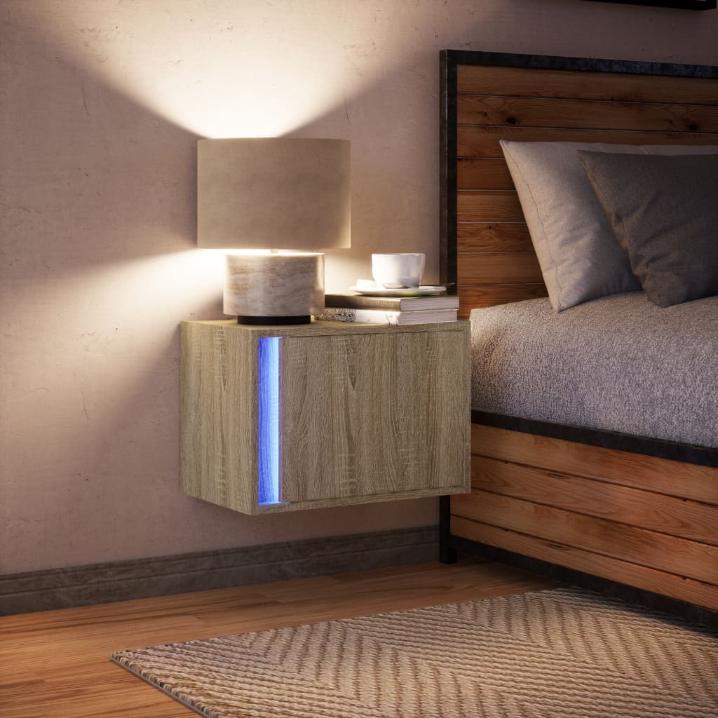 Mesa de cabeceira de parede com luzes LED carvalho sonoma