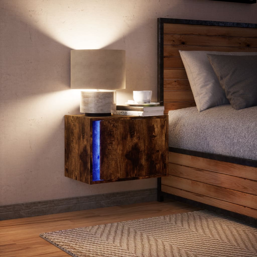 Mesa de cabeceira de parede com luzes LED carvalho fumado