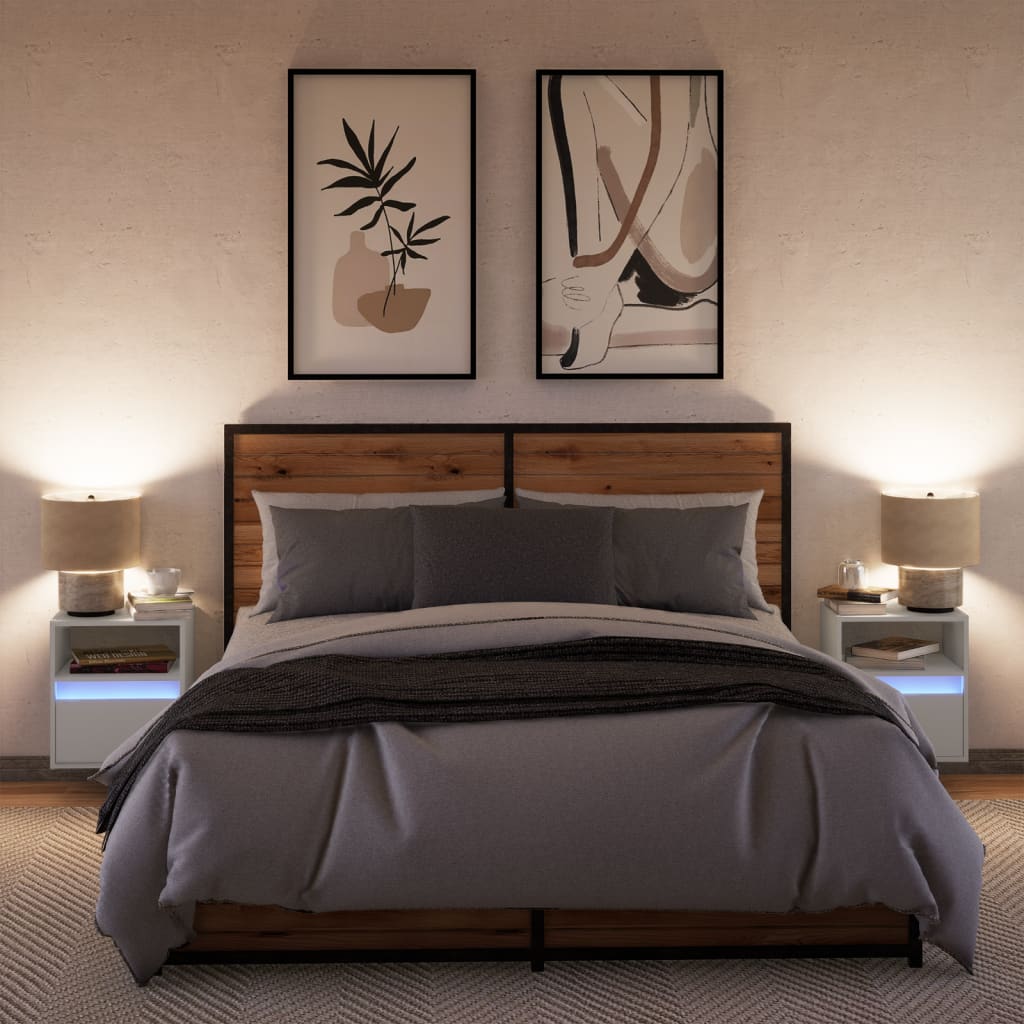 Wall-mounted bedside tables with LED lights 2 pcs white