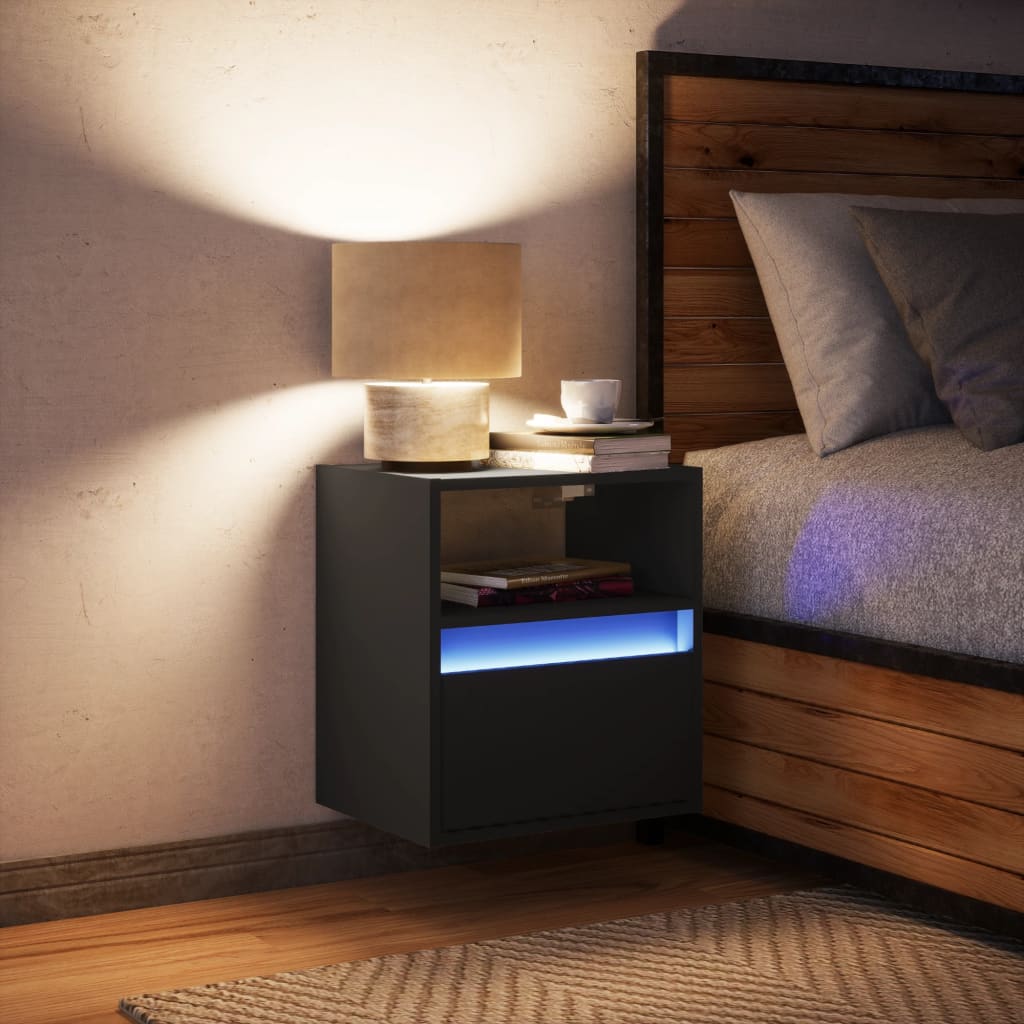 Wall-mounted bedside table with LED lights black