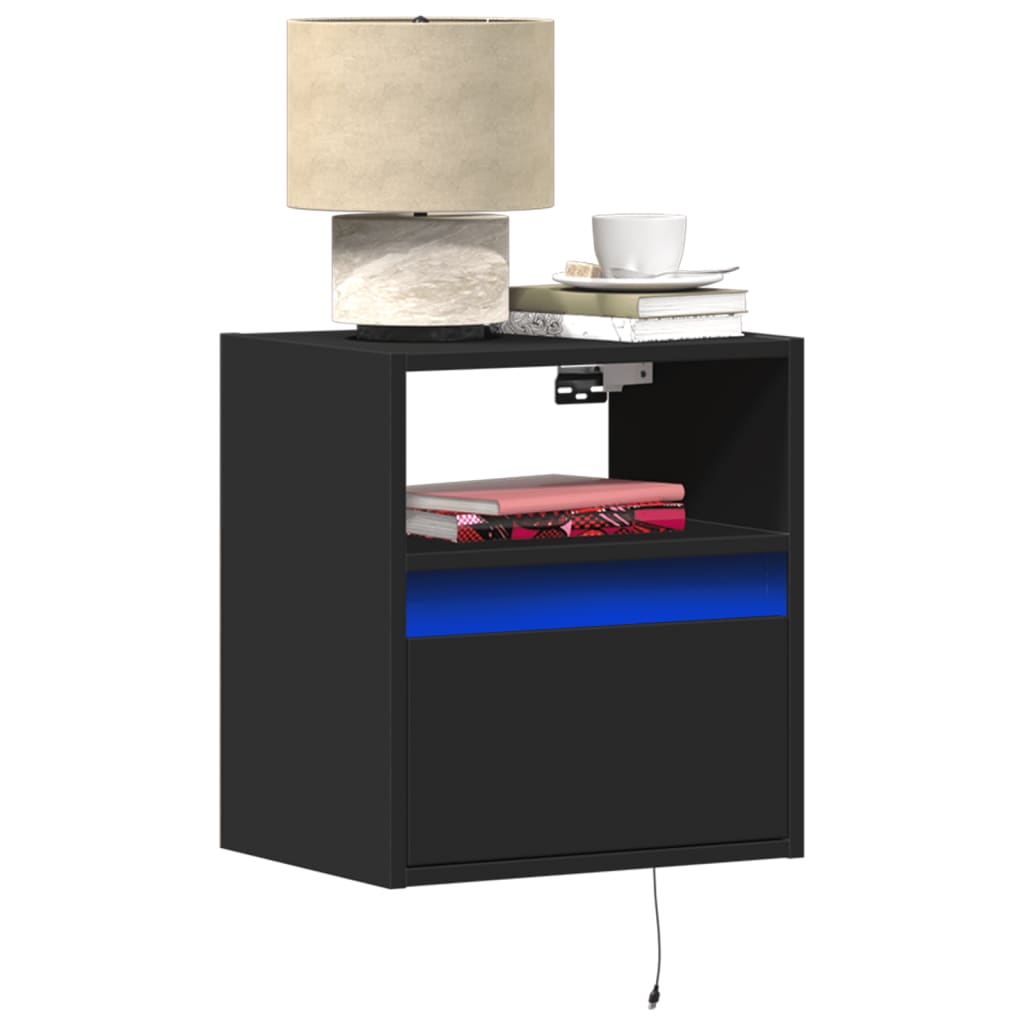 Wall-mounted bedside table with LED lights black