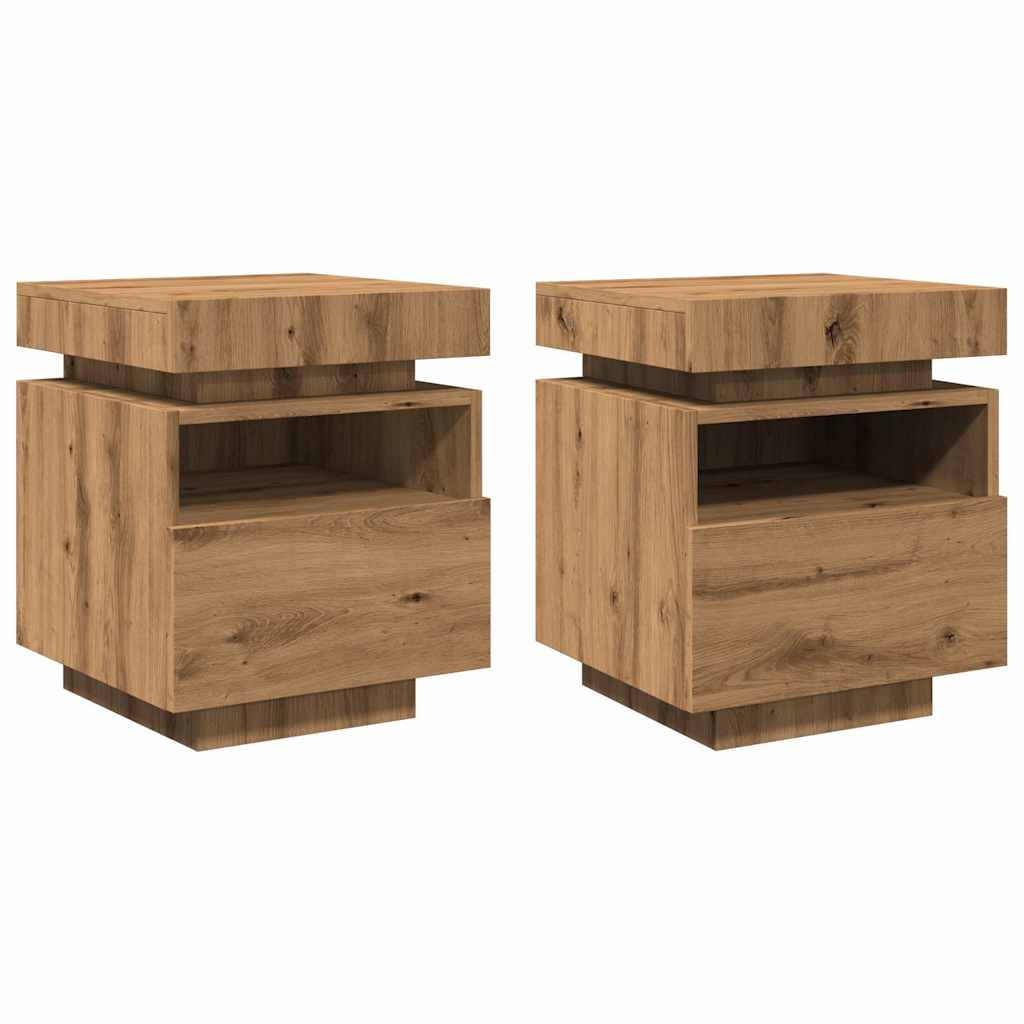 Mesas cabeceira c/luzes LED 2pc 40x39x48,5cm carvalho artisiano