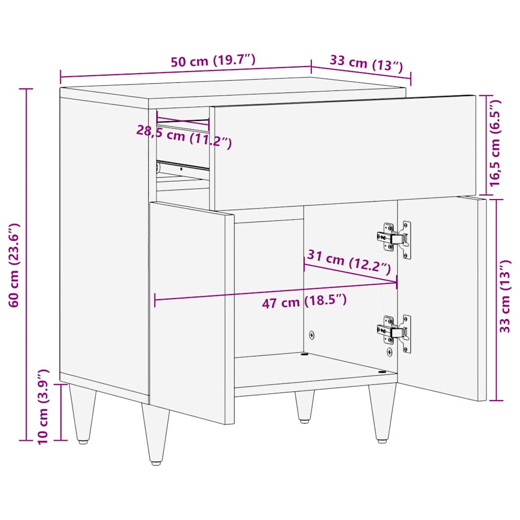 Bedside table 50x33x60 cm solid mango wood