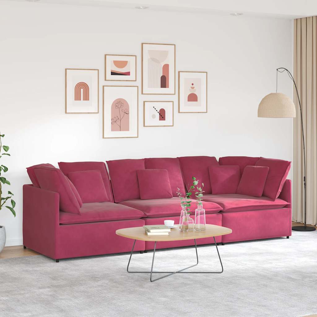 Sofá modular com almofadas veludo vermelho tinto