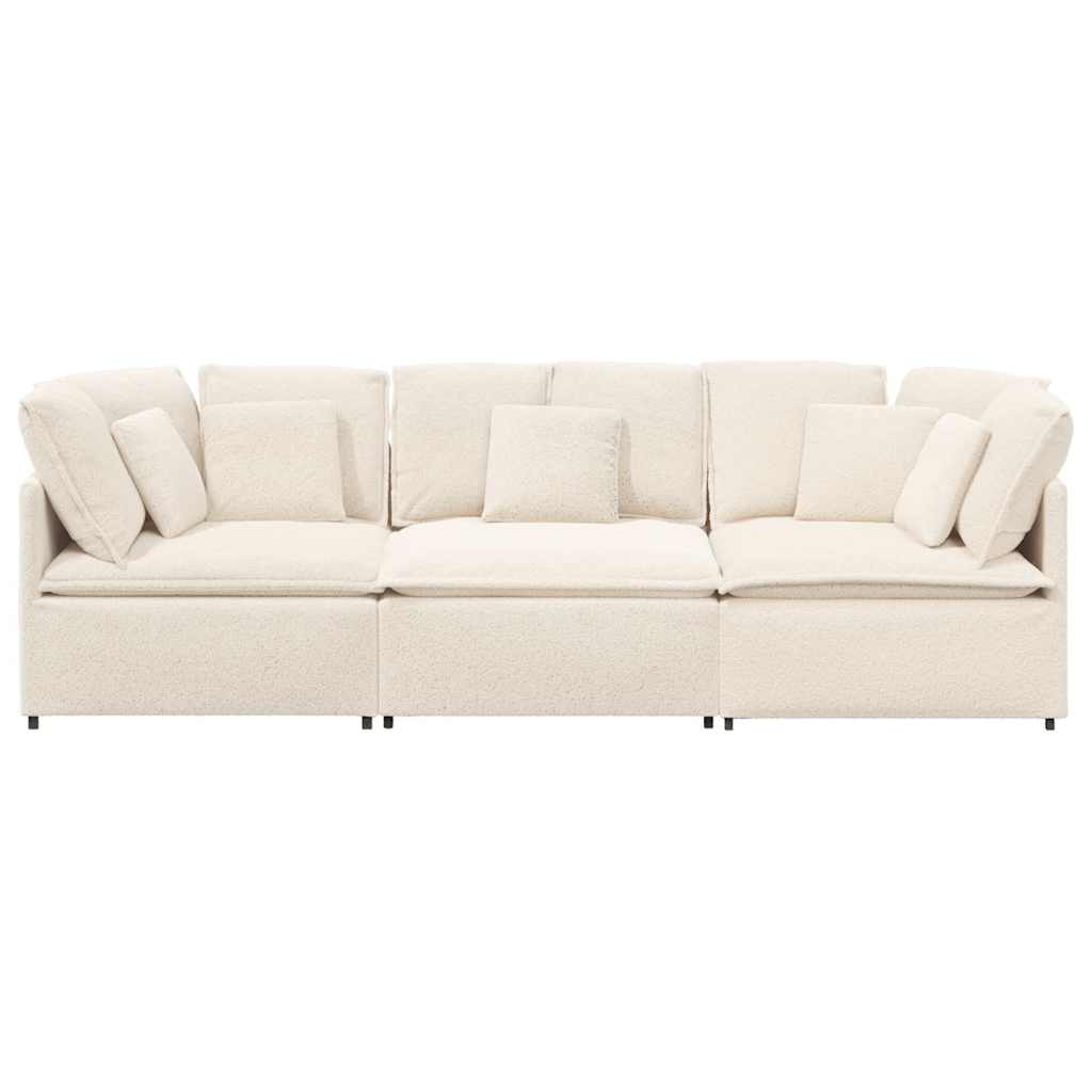 Sofá modular com almofadas tecido tipo lã encaracolado creme