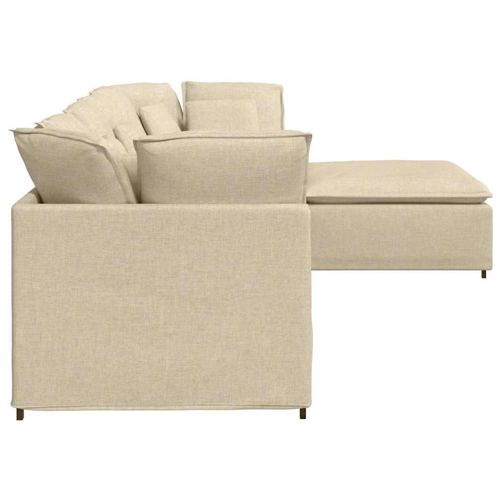 Sofá modular com pufes e almofadas tecido creme