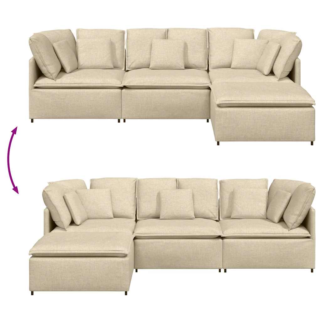 Sofá modular com pufes e almofadas tecido creme