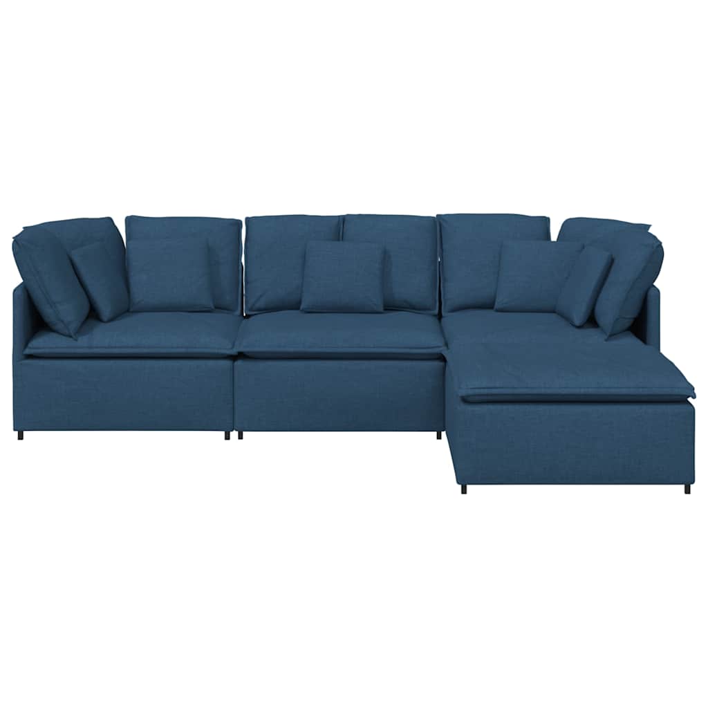 Sofá modular com pufes e almofadas tecido azul