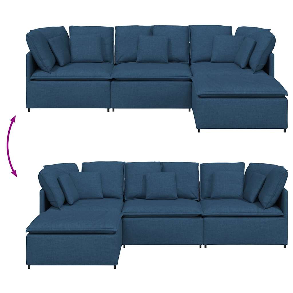 Sofá modular com pufes e almofadas tecido azul