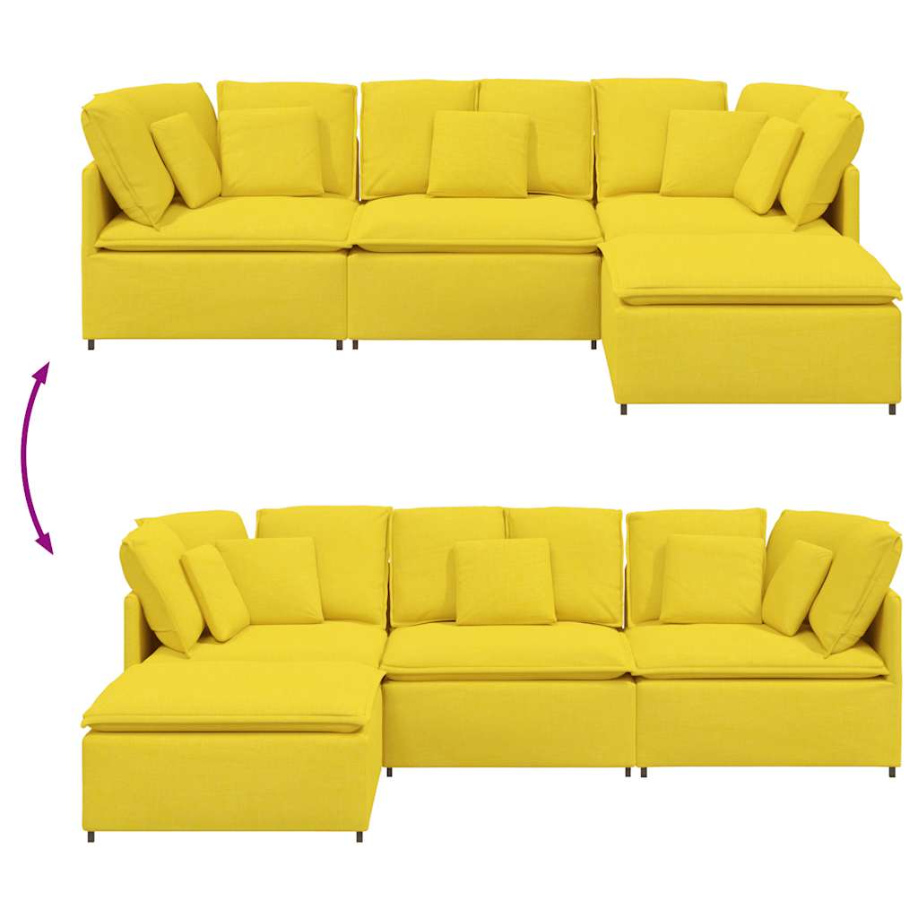 Sofá modular com pufes e almofadas tecido amarelo-claro