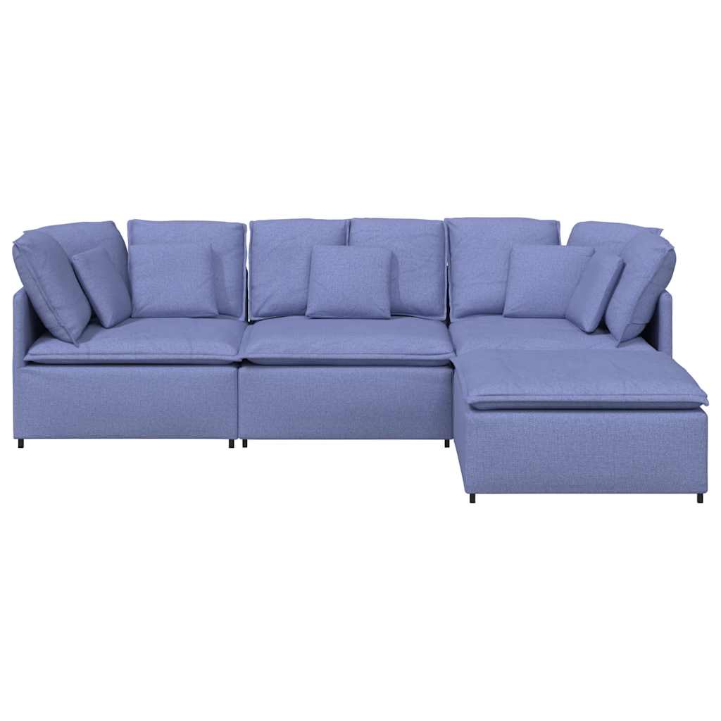 Sofá modular com pufes e almofadas tecido azul ganga