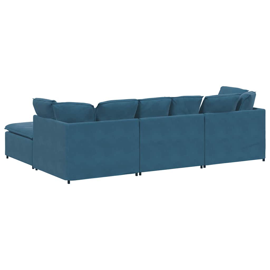 Sofá modular com pufes e almofadas veludo azul