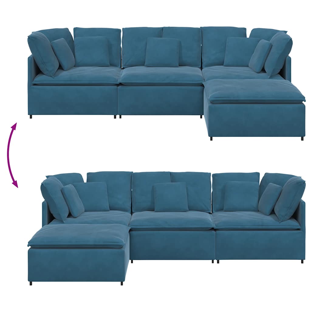 Sofá modular com pufes e almofadas veludo azul