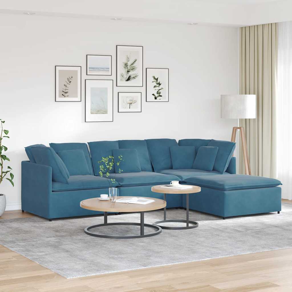 Sofá modular com pufes e almofadas veludo azul