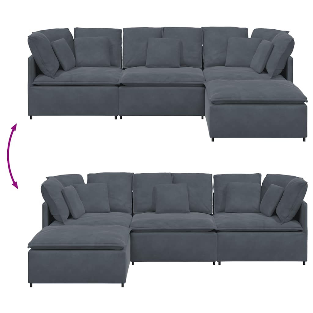 Sofá modular com pufes e almofadas veludo cinzento-escuro