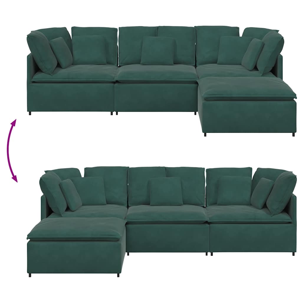 Sofá modular com pufes e almofadas veludo verde-escuro