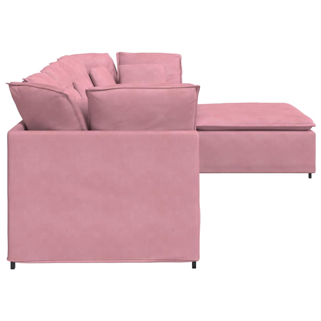 Sofá modular com pufes e almofadas veludo rosa