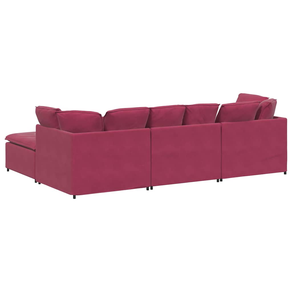Sofá modular com pufes e almofadas veludo vermelho tinto
