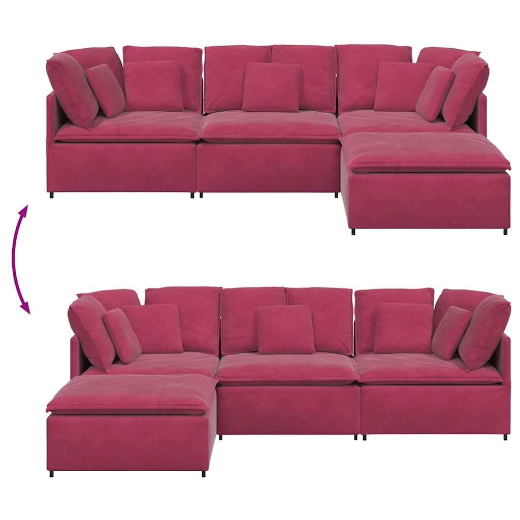 Sofá modular com pufes e almofadas veludo vermelho tinto