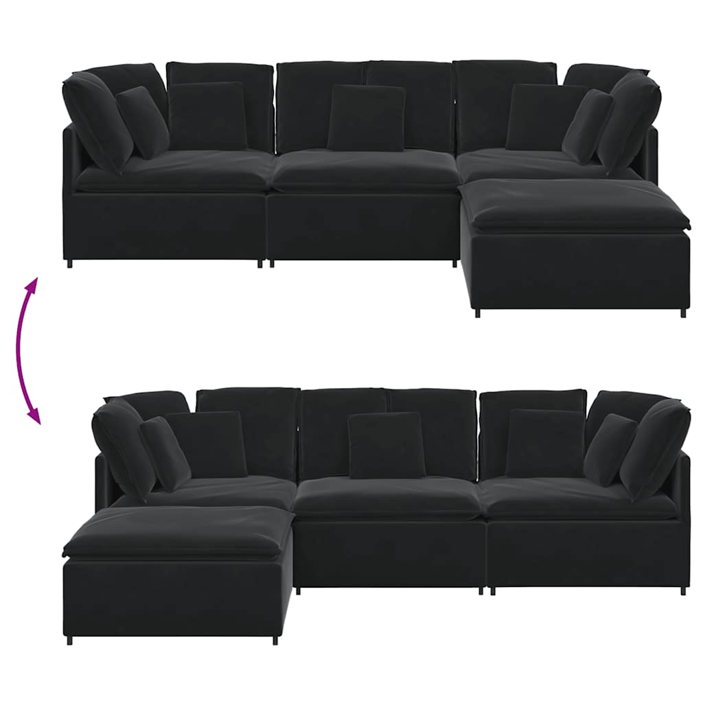 Sofá modular com pufes e almofadas veludo preto