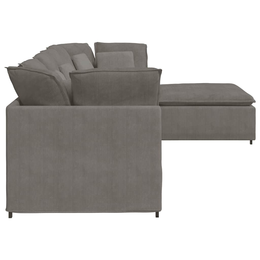 Sofá modular c/ pufes almofadas tecido corduroy cinzento-claro