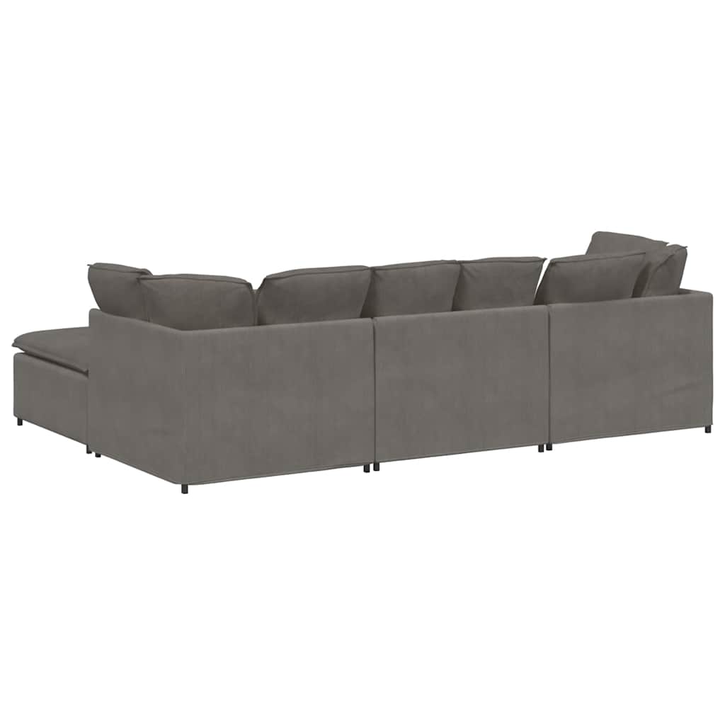 Sofá modular c/ pufes almofadas tecido corduroy cinzento-claro